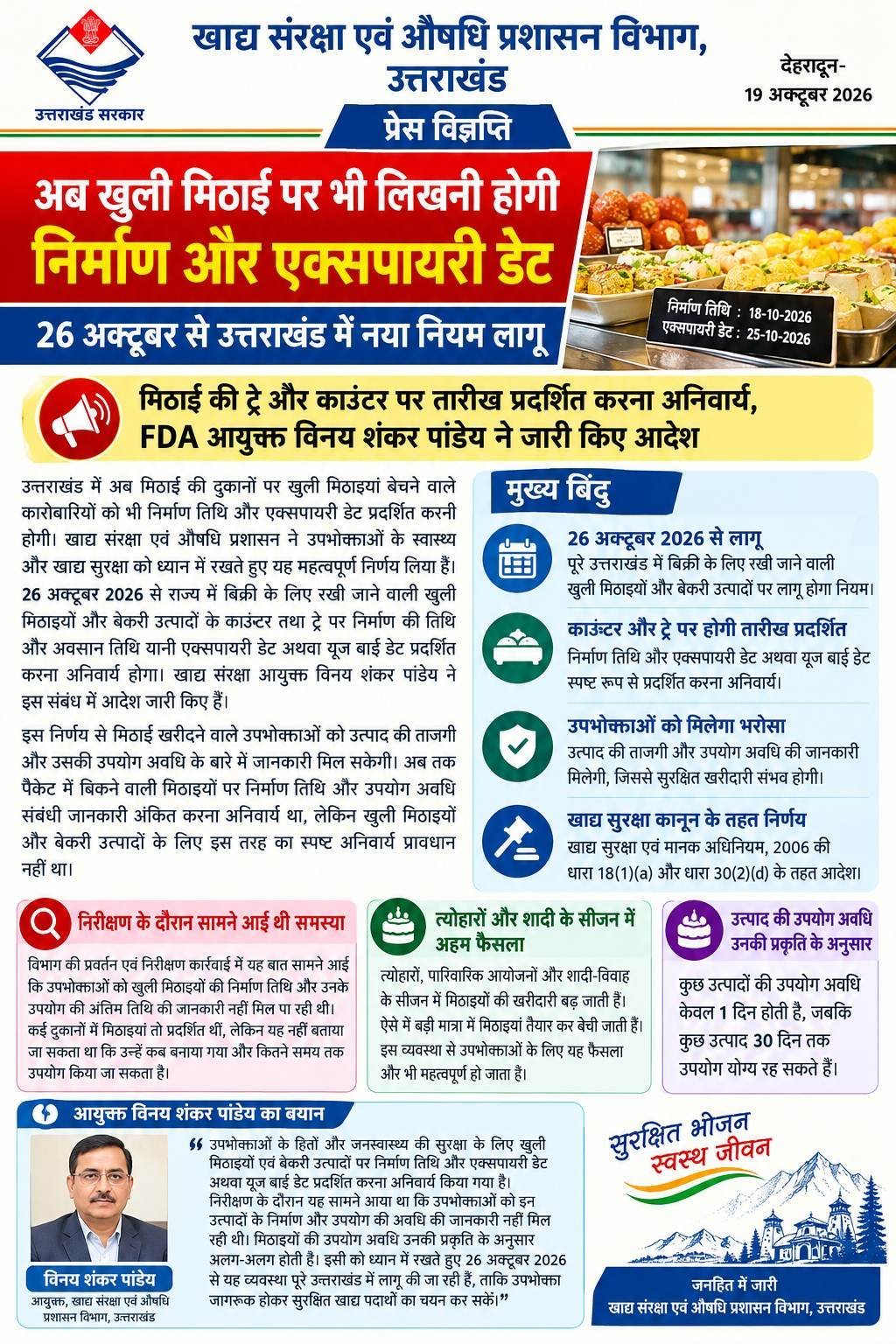 अब खुली मिठाई पर भी लिखनी होगी निर्माण और एक्सपायरी डेट, 26 अक्टूबर से उत्तराखंड में नया नियम लागू